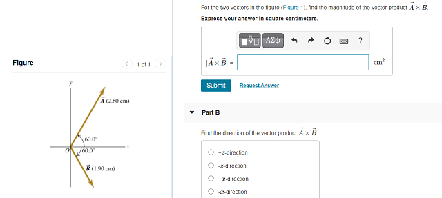For the two vectors in the figure (Figure 1 ), find the magnitude of the vector product - Free 72A
